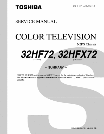 Toshiba 32hf72 32hfx72 36hf72 36hfx72 Schematics for Toshiba 32hf72 32hfx72 36hf72 36hfx72 chassis N2PS.